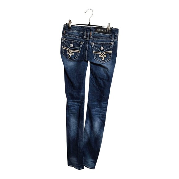 Rock Revival Kristen T Jeans Womens 24 Blue Straight Leg Distressed Denim Buckle - Picture 1 of 12